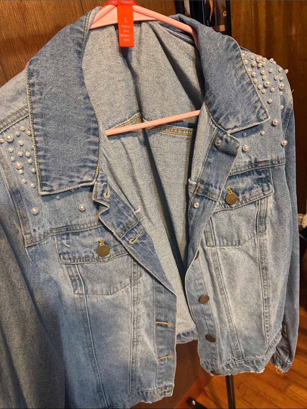 Chelsea & Violet Light Wash Denim Jacket with Pearl Studs